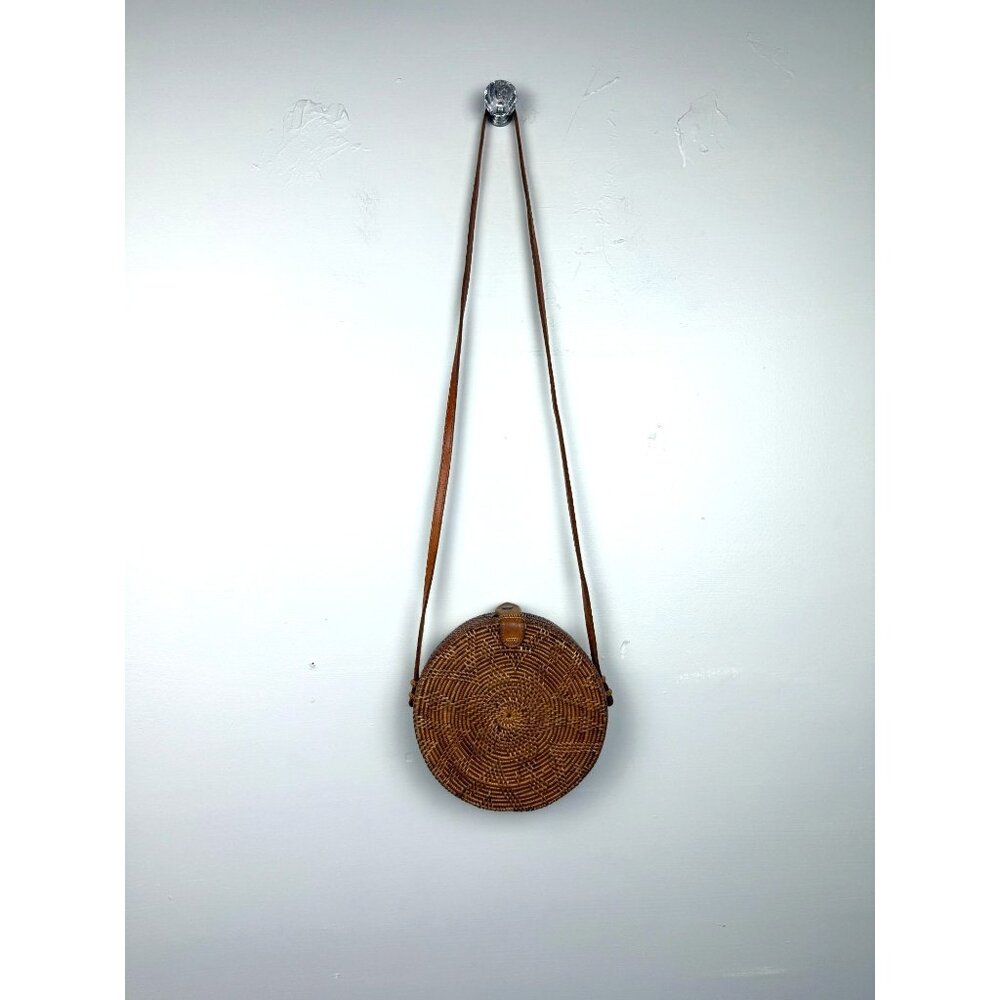 Vintage Handmade Round Boho Wicker Rattan Leather Basket Crossbody Purse - Picture 1 of 7